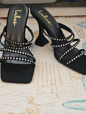Lulu's Carlotta Black Crystal-Strap Square Toe Mule Heels Size 7.5